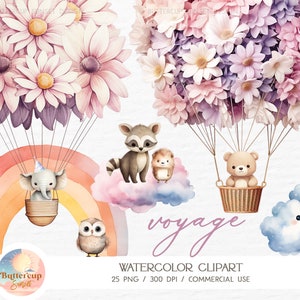 25 babydieren Daisy heteluchtballonnen aquarel clipart PNG digitale download | Bloemen heteluchtballonnen pastel groovy regenboog madeliefje Clipart