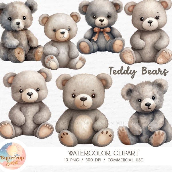 10 Teddy Bear Watercolor Clipart PNG Digital Download | Brown Grey Teddy Bear Baby Shower Bear Birthday Nursery Gray Teddy Bear PNG Clipart