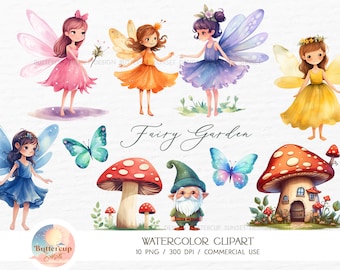Op de afbeelding: Waterverf clipart set met feeën, vlinders, paddenstoelen en een kabouter. De feeën dragen kleurrijke jurken en hebben vleugels. De paddenstoelen zijn rood met witte stippen en in een van hen bevindt zich een klein huis. De kabouter draagt een groene hoed en heeft een witte baard. De vlinders zijn blauw en groen. De set is perfect om een vleugje fantasie toe te voegen aan elk project.