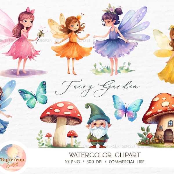 10 Fairy Garden Watercolor Clipart PNG Digital Download | Cute Fairy Butterfly Mushroom Clipart | Fairy Birthday Nursery PNG Download