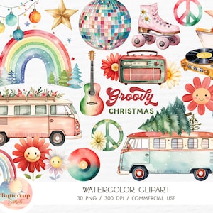 30 Groovy Christmas Watercolor Clipart PNG Digital Download | Retro Groovy Christmas | Hippie Xmas Van Retro Christmas Music Record Clipart