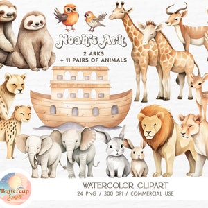 24 arche de Noé aquarelle Clipart PNG téléchargement numérique | Clipart fête d'anniversaire baby shower de l'arche de Noé | Arche de Noé PNG pour chambre de bébé