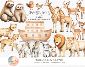 24 Noah's Ark Watercolor Clipart PNG Digital Download | Noah's Ark Baby Shower Birthday Party Clipart | Noah's Ark Baby Nursery PNG