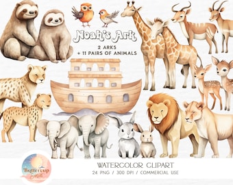 May include: Watercolor clipart set featuring Noah's Ark and 11 pairs of animals, including sloths, giraffes, cheetahs, elephants, rabbits, and deer. The ark is brown and has windows. The animals are all in a watercolor style and have a whimsical feel.