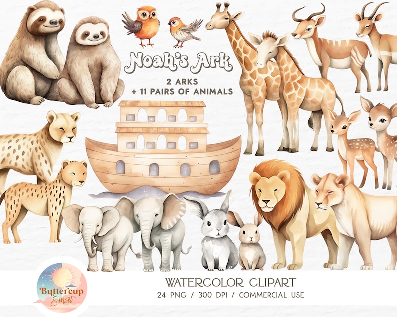 K&ouml;nnte beinhalten: Aquarell-Clipart-Set mit Noahs Arche und 11 Tierpaaren, darunter Faultiere, Giraffen, Geparden, Elefanten, Kaninchen und Hirsche. Die Arche ist braun und hat Fenster. Die Tiere sind alle im Aquarellstil gehalten und haben einen verspielten Charakter.