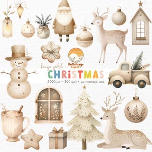 20 Beige Gold Christmas Watercolor Clipart PNG Digital Download | Boho Christmas Clipart Cozy Christmas Decor Deer Ornaments PNG Clipart