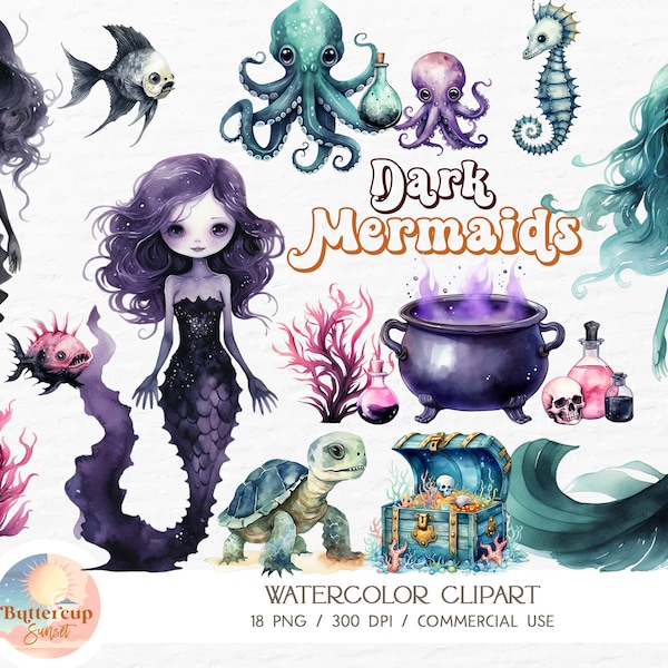 18 Dark Mermaids Under The Sea Halloween Watercolor Clipart PNG Digital Download | Halloween Mermaid Witch Cauldron Magic Potion Clipart