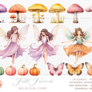 28 Fall Fairies Watercolor Clipart PNG Digital Download Autumn Garden ...
