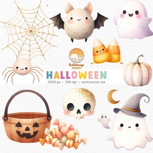 Halloween Clipart: Pumpkin Ghost Candy Corn Witch Spider Web Spooky Party (PNG Digital Download)