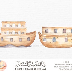 K&ouml;nnte beinhalten: Zwei Aquarell-Illustrationen von Noahs Arche, einem Holzboot mit Fenstern und einem mehrst&ouml;ckigen Dach. Der Text "Noah's Ark" ist in einer verspielten Schriftart geschrieben, darunter die Worte "2 ARKS + 11 PAIRS OF ANIMALS".