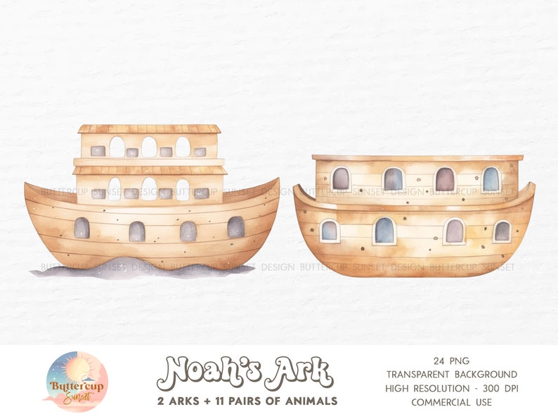 K&ouml;nnte beinhalten: Zwei Aquarell-Illustrationen von Noahs Arche, einem Holzboot mit Fenstern und einem mehrst&ouml;ckigen Dach. Der Text "Noah's Ark" ist in einer verspielten Schriftart geschrieben, darunter die Worte "2 ARKS + 11 PAIRS OF ANIMALS".