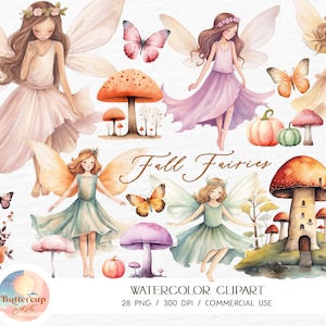 28 fées d'automne aquarelle Clipart PNG en téléchargement numérique | Clipart champignon féerique de jardin d'automne | Fée d'anniversaire PNG pour chambre d'enfant
