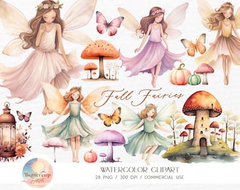 May include: Watercolour clipart featuring autumn fairies with wings, mushrooms, pumpkins, and butterflies. The text "Fall Fairies" is written in brown cursive. The text "Watercolor Clipart" is written in black. The text "28 PNG / 300 DPI / Commercial Use" is written in black.