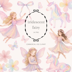 NOUVEAUTÉ 2025 : Fée irisée aquarelle Clipart PNG téléchargement numérique | Clipart anniversaire forêt enchantée pastel licorne arc-en-ciel jardin féerique