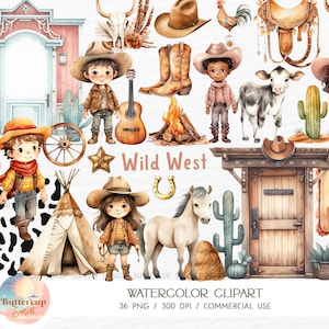 36 Wild-West Aquarell Clipart PNG Digital Download | Boho Western niedlichen Cowboys Cowgirl Clipart | Wilder Westen erster Rodeo Geburtstag PNG Clipart