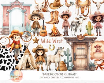 36 Wild West Watercolor Clipart PNG Digital Download | Boho Western Cute Cowboy Cowgirl Clipart | Wild West First Rodeo Birthday PNG Clipart