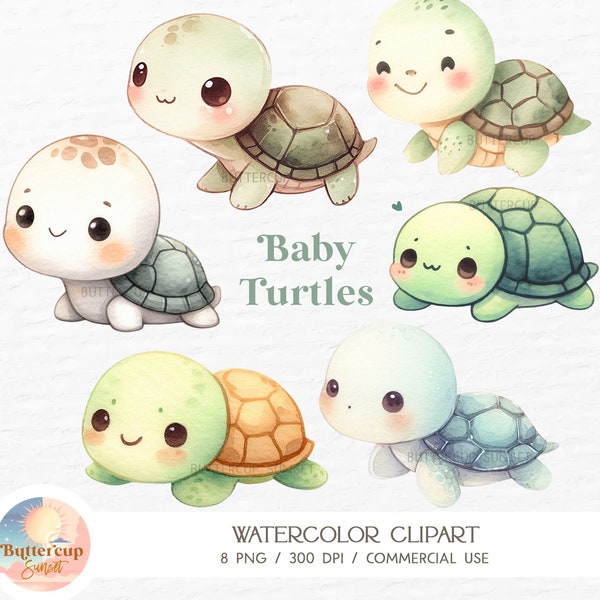 8 Baby Turtles Watercolor Clipart PNG Digital Download | Cute Cartoon Style Turtles Clipart | Baby Sea Turtle Baby Shower Birthday Clipart