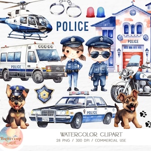 28 Clipart acquerello del dipartimento di polizia PNG / Clipart PNG del poliziotto della stazione di polizia / Clipart di compleanno della polizia dei veicoli della polizia