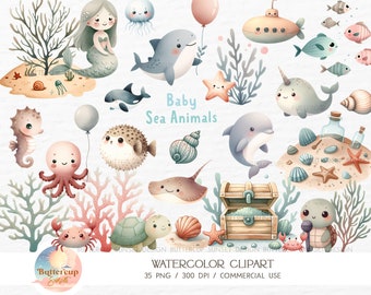 Puede incluir: Un conjunto de 35 imágenes de clipart de acuarela con animales marinos bebés, incluyendo una sirena, un tiburón, un narval, un delfín, un caballito de mar, un pulpo, un pez globo, una raya, una tortuga, un cangrejo y un cofre del tesoro. Las imágenes son perfectas para crear invitaciones, tarjetas y otras manualidades.