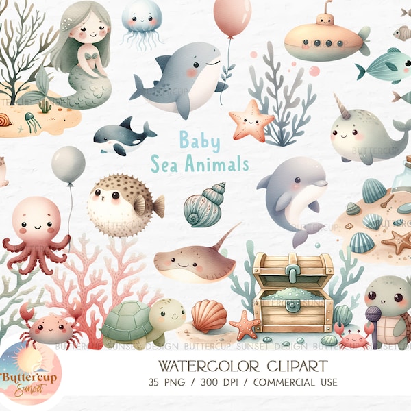 35 Baby Sea Animals Acquerello Clipart PNG Download digitale / Cute Undersea Ocean Animals Clipart / Under The Sea Birthday Sea Life Clipart