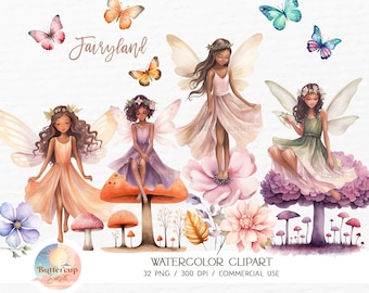 May include: Watercolour clipart set featuring four fairies with wings, each sitting on a mushroom with flowers and butterflies. The fairies are wearing dresses in shades of pink, green, and orange. The text "Fairyland" is written in cursive at the top of the image.