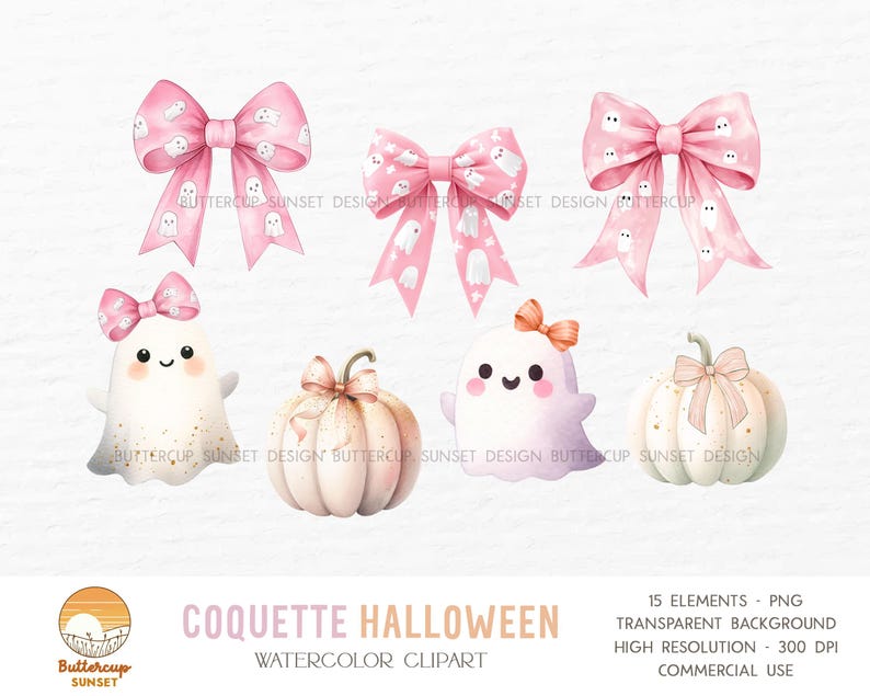Coquette Halloween Watercolor Clipart PNG Digital Download | Cute Pink Ghost Coquette Bow Pink Coquette Halloween Pumpkin Bow PNG Clipart