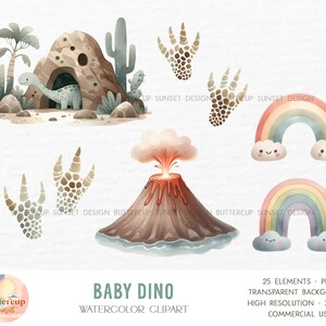 May include: A set of 25 watercolor illustrations featuring a baby dinosaur, a volcano, rainbows, clouds, and dinosaur footprints. The illustrations are in a muted color palette of browns, greens, and blues. The illustrations are perfect for creating baby shower invitations, birthday cards, or other creative projects.