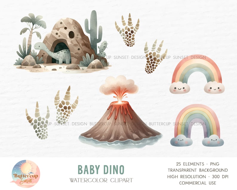May include: A set of 25 watercolor illustrations featuring a baby dinosaur, a volcano, rainbows, clouds, and dinosaur footprints. The illustrations are in a muted color palette of browns, greens, and blues. The illustrations are perfect for creating baby shower invitations, birthday cards, or other creative projects.