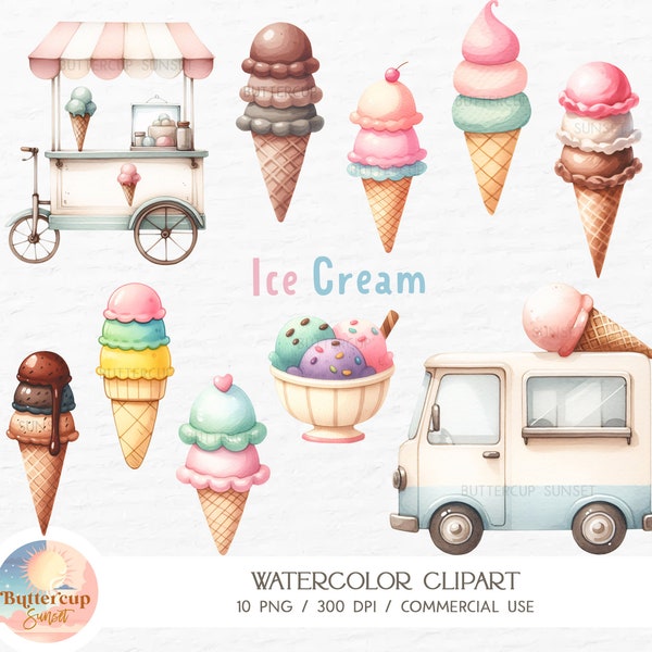 10 Ice Cream Watercolor Clipart PNG Digital Download | Pastel Ice Cream Cone Bowl Ice Cream Truck Clipart | Ice Cream Birthday PNG Clipart