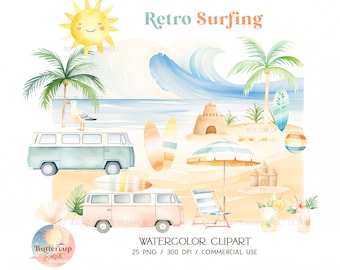 25 Retro Surfing Beach Watercolor Clipart PNG Digital Download | Pastel Beach Surfing Van Clipart | Surf's Up The Big One Birthday Clipart