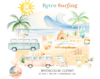 Op de afbeelding: Waterverf clipart met een retro surfthema. De afbeelding bevat een lachende zon, oceaangolven, surfplanken, een zandkasteel, een parasol en twee vintage busjes. De tekst "Retro Surfing" staat bovenaan.