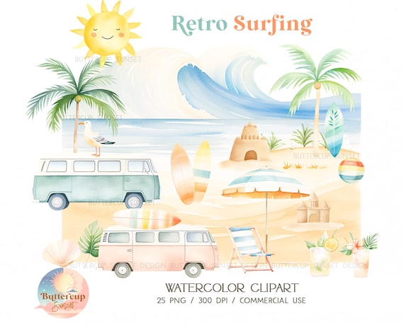 Retro Surfing Clipart: Beach Surfing Camper Van Surfboard Surf's Up Birthday (PNG Digital Download)