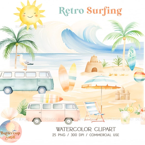 25 Retro surfen strand aquarel clipart PNG digitale download | Pastel strand surfen Van Clipart | Surf's Up The Big One verjaardag clipart