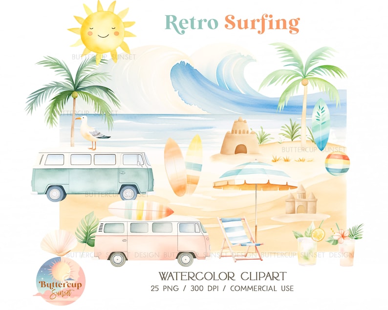 Retro Surfing Beach Watercolor Clipart PNG Digital Download | Pastel Beach Surfing Van Clipart | Surf's Up The Big One Birthday Clipart