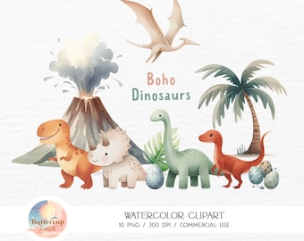 10 Boho Dinosaurs Watercolor Clipart PNG Digital Download | Cute Boho Dinosaurs Neutral Dinosaurs Clipart | Dino Birthday Nursery Clipart