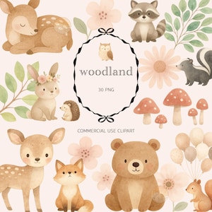 NOUVEAUTÉ 2025 : Boho Woodland aquarelle Clipart PNG en téléchargement numérique | Clipart mignon forêt des bois, animaux sauvages, boho, cerf, renard, ours, hibou Clipart