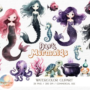 28 sirènes sombres sous la mer Halloween aquarelle Clipart PNG en téléchargement numérique | Sirène d'Halloween, sorcière des mers, mer, Halloween, clipart