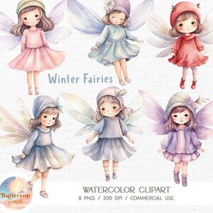 8 Winter Fairies Watercolor Clipart PNG Digital Download | Forest Fairy Winter Enchanted Forest Clipart | Fairy Winter Wonderland Clipart