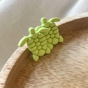 以下が含まれることがあります： ライムグリーンのカメの形をしたイヤリングのペア。イヤリングは滑らかな素材で作られており、詳細な甲羅の模様と小さなヒレのような付属物が特徴です。イヤリングは木製のトレイに展示されています。