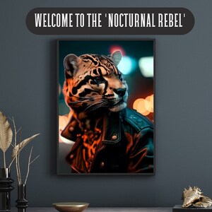May include: A framed print of a digital illustration of a large cat wearing a leather jacket. The cat has orange and black fur and is looking to the side. The background is a blurry city scene with lights.