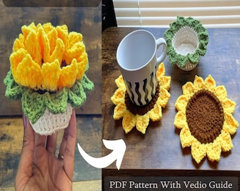 Sunflower Crochet Coasters and Basket Set Pattern, Crochet Patterns, Sunflower Coaster, Sunflower granny, Crochet Tote Bag, Crochet Coaster