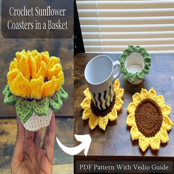 Sunflower Crochet Coasters and Basket Set Pattern, Crochet Patterns, Sunflower Coaster, Sunflower granny, Crochet Tote Bag, Crochet Coaster