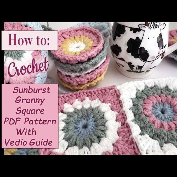 Modèle de crochet grand-mère Sunburst, modèles de crochet, couverture au crochet, modèle carré de grand-mère, sac fourre-tout au crochet, étoile, avec guide vidéo