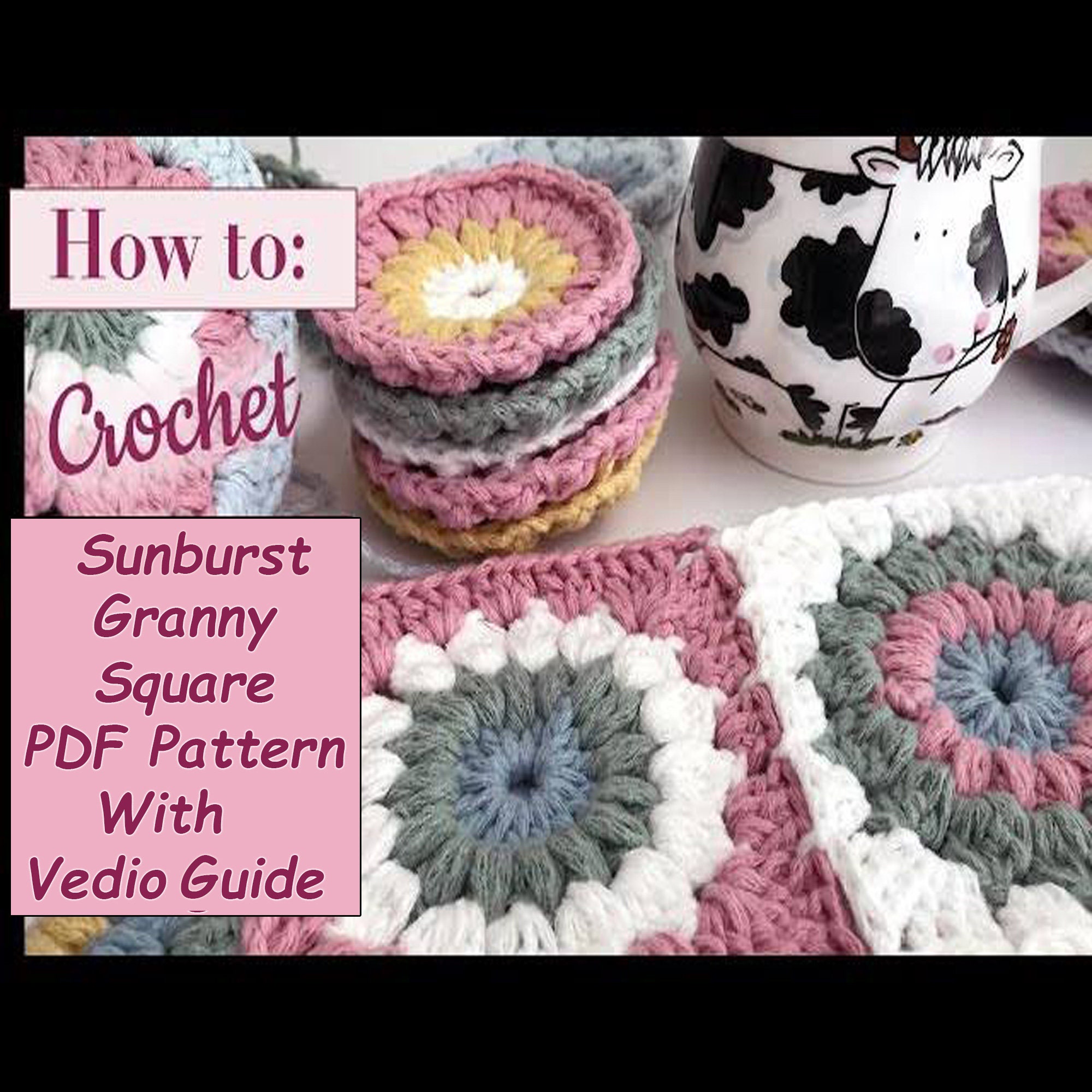 Sunburst Granny Square Crochet Pattern, Crochet Patterns, Crochet Blanket, Granny Square Pattern, Crochet Tote Bag, Star, with Video guide