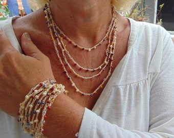 Wrap around, crotchet necklace and/or bracelet or anklet with glass, rocaille seed beads