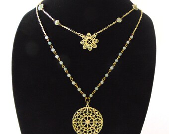 Layered Necklace with Labradorite stones and gold medallions