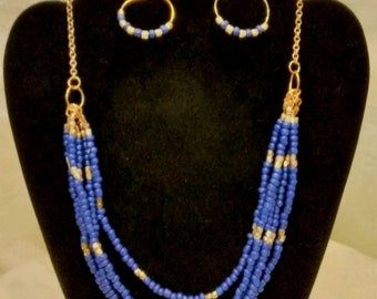 5-Strand Navy Blue Rocailles Necklace with Gold Findings, Cable Chain and Earrings