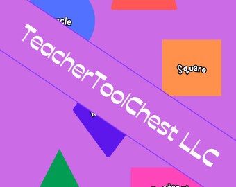 May include: A purple educational poster featuring various colorful geometric shapes, including a blue circle, red trapezoid, orange square, green triangle, and pink rectangle. The text "TeacherToolChest LLC" is displayed diagonally across the image.