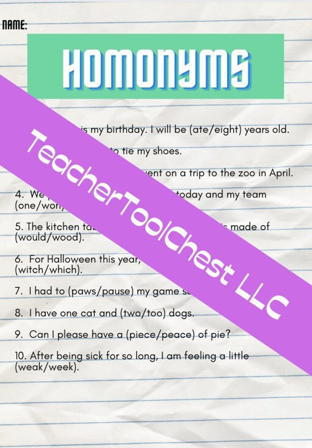 Elementary English Homonyms Worksheet Etsy Elementary English Homonyms Worksheet Etsy