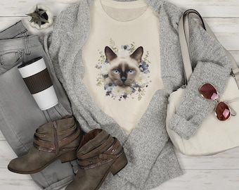 Siamese Cat T-Shirt: Floral Cat Lover Unisex Tee